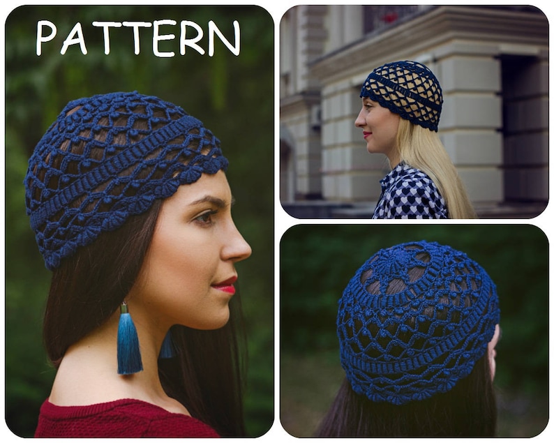 May include: A blue crocheted hat with a lacy pattern. The hat is shown on a model with long dark hair and blue tassel earrings.