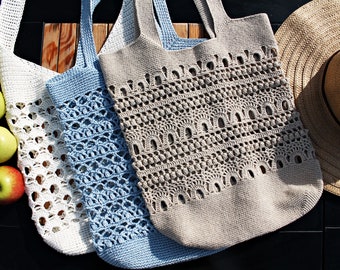 3 Crochet Patterns - Tote Bag Crochet Pattern - Beach Bag Written Pattern - Grosery Bag Crochet Pattern ItWasYarn - Lacy Shopper Bag Pattern