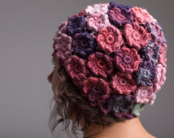 Crochet Beret Pattern: “Lovers of Flowers” DK Hat, Floral Design, PDF