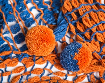 Openwork crochet scarf with pom-poms - Pure merino wool extra long crochet scarf - Crazy crochet blue & orange scarf with flowers and leaves