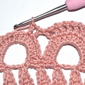 May include: Close-up of a pink crochet project with a crochet hook in the loop of the last stitch. The crochet project has a repeating pattern of circles.
