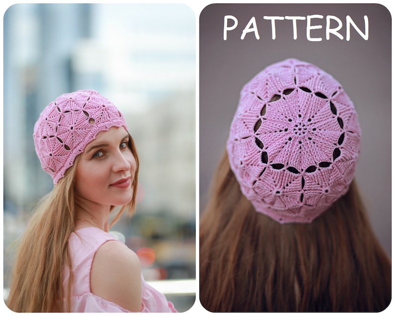 A collage of two images of a blonde woman wearing a light pink crocheted beret with a textured design. One image shows a back view, while the other depicts a semi-profile of the face.
