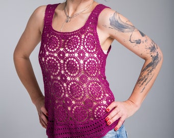 Pure silk lacy crochet top - Sleeveless summer top with round motives - Handcrochet lace crochet clothes for women - Bright purpur lace top