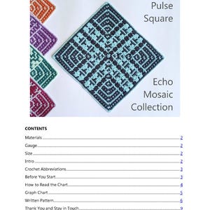 Op de afbeelding: Een haakpatroondocument getiteld Pulse Crochet Square Pattern uit de Echo Mosaic Collection. De pagina bevat een lichtblauw en donkerblauw vierkant motief, een inhoudsopgave en kleinere gekleurde vierkante voorbeelden aan de linkerkant.