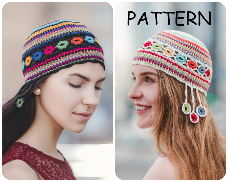 Boho Crochet Hat Pattern: Linen Stitch Multicolor Beanie with Ear Tassels (PDF, US Terms) image 1