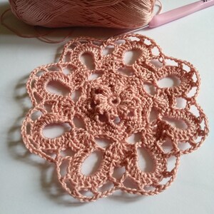 May include: A delicate pink crocheted doily with a floral design in the center.