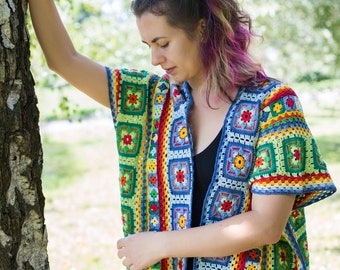 Colorful crochet cardigan pattern - Fingering yarn digital crochet pattern - Garden square cardigan - Oversized woman's sweater - ItWasYarn