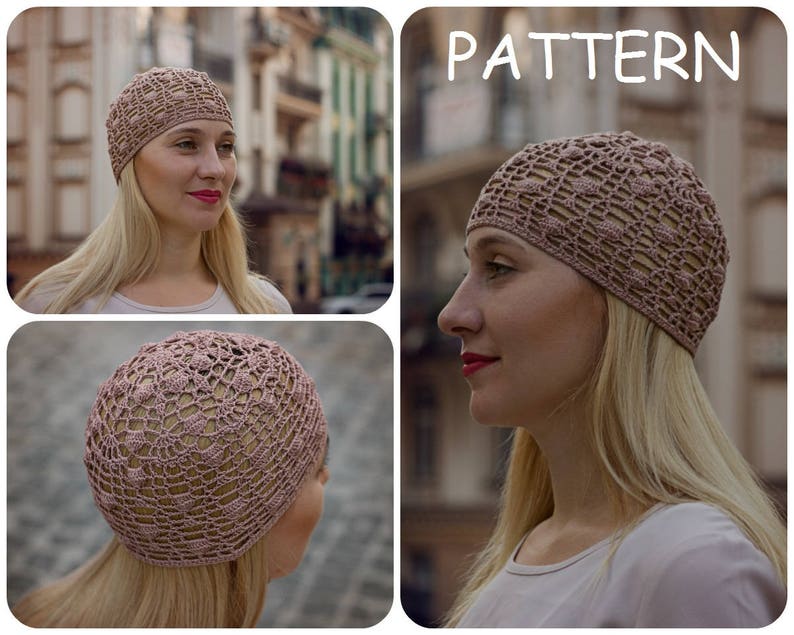 May include: A close-up of a crocheted hat in a light pink colour. The hat has a delicate, openwork design with a pattern of small circles. The hat is shown on a model with long blonde hair.