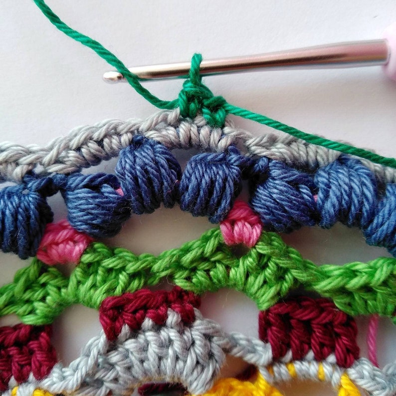 Close-up photo of crocheting process of making colorful beanie hat for women. The pattern shows us single crochet, double crochet andpuff stitches in progress.