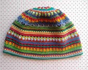 Colorful cotton beanie - Unisex stripes hat - Funky crochet cap - Handmade summer scraps hat - Primary colors fitted hat - ItWasYarn hat