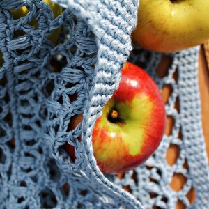 May include: A blue crocheted bag with two apples inside. One apple is red and the other is green.
