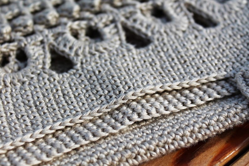 May include: Close-up of a beige crocheted fabric with a textured pattern. The fabric is folded over and the edges are visible.