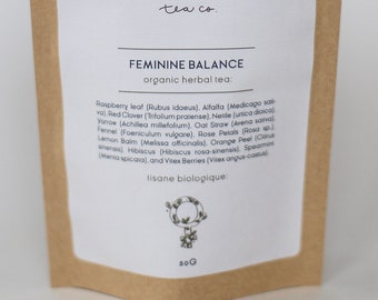 Feminine Balance herbal Tea With Raspberry leaf and Vitex Berry | ORGANIC | Small Batch, Hand blended | New Moon Tea Co.