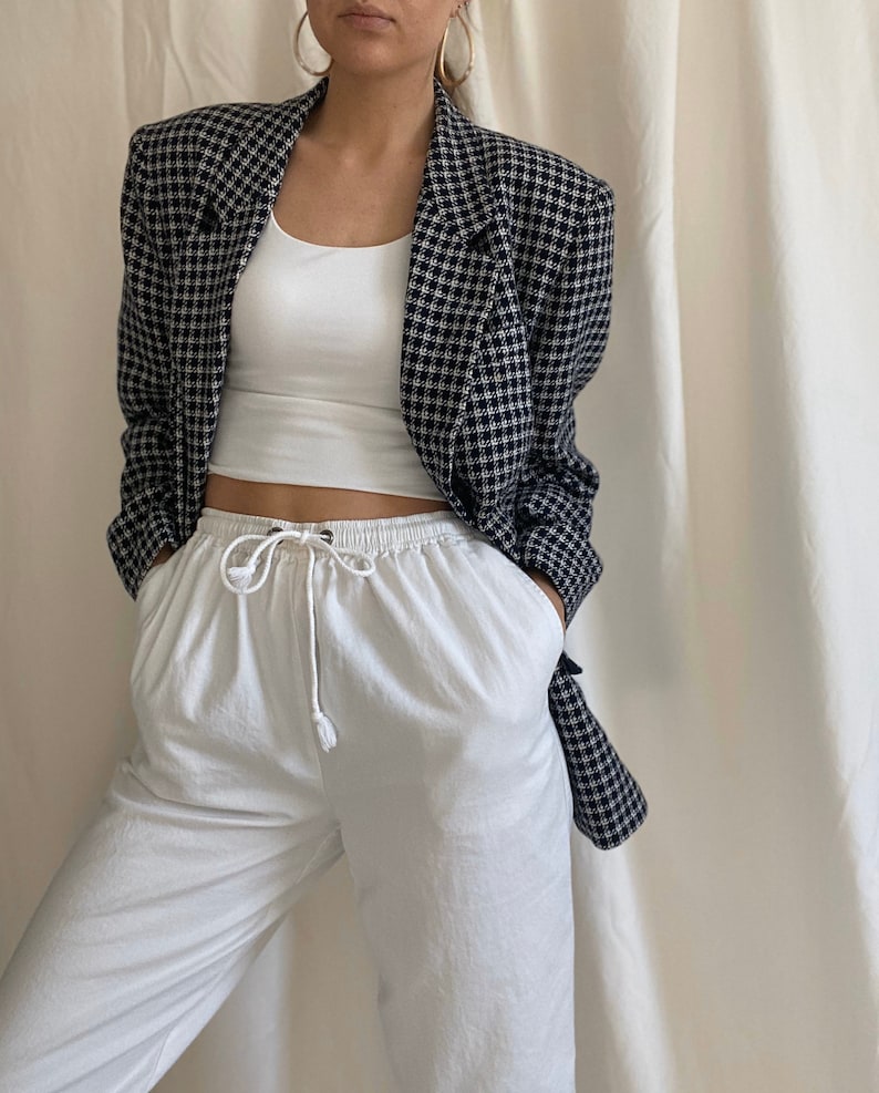 Vintage 90s checkered navy blue and white blazer size 14