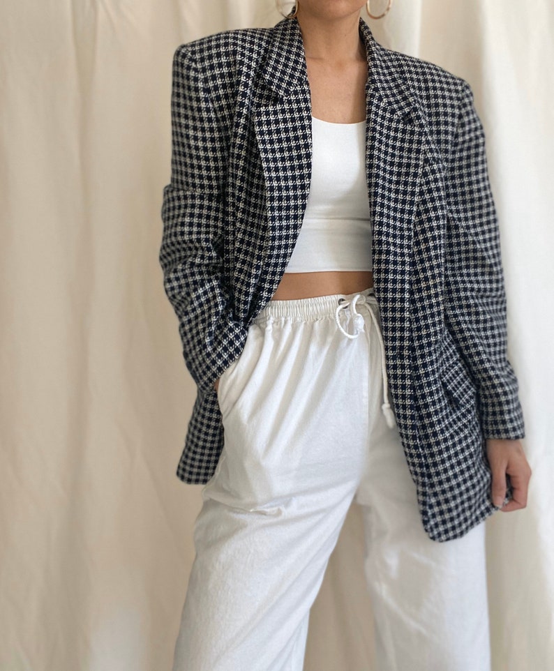 Vintage 90s checkered navy blue and white blazer size 14