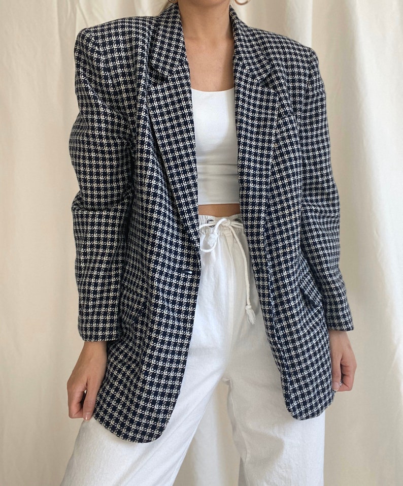 Vintage 90s checkered navy blue and white blazer size 14