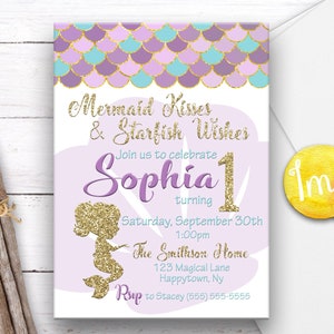 Invitation à la sirène scintillante, Invitation à la sirène à paillettes dorées, Invitation à la sirène au premier anniversaire, Invitation à l’anniversaire de sirène, Violet, Sarcelle, Or