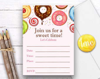 Llenar invitación de donut, invitación de rosquilla, invitación de cumpleaños de anillo, invitación de cumpleaños, invitación dulce, ducha de rosquilla, descarga instantánea, dulces