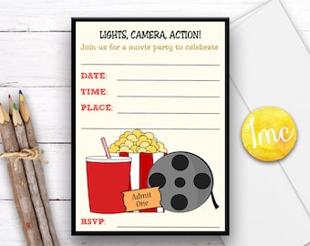 Llenar en invitación de película, películas invitar, invitación de cumpleaños de la película, invitación al teatro, invitación de palomitas de maíz, invitación al cine, descarga instantánea