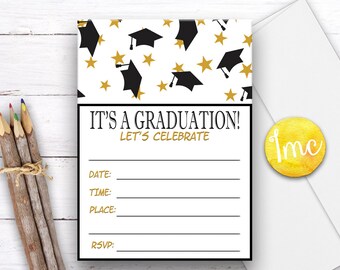Llenar en invitación de graduación, invitación de grado, grad tapas invitar, invitación de fiesta de graduación, negro, oro, descarga instantánea, digital, invitación