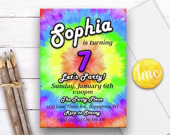 Invitación de cumpleaños tie-dye, invitación teñida de corbata, tie dye, fiesta de tie dye, invitación de los 70, invitación de los 80, invitación retro, invitación de arco iris, cumpleaños