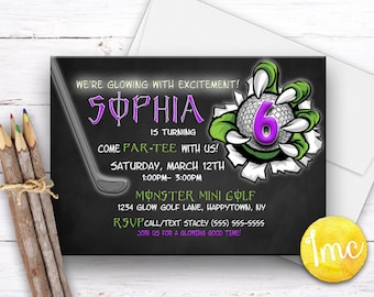 Monster Golf Invite, Glow in the dark Golf, Glow Golf Invitation, Golf Invitation, Monster Invitation, Birthday Invitation, Glow Party