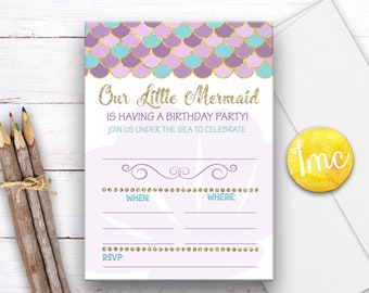 Llenar en invitación de sirena, invitación de cumpleaños de la sirena, bajo el mar invitar, invitación de la concha del mar, brillo de oro, sirena púrpura, descarga instantánea