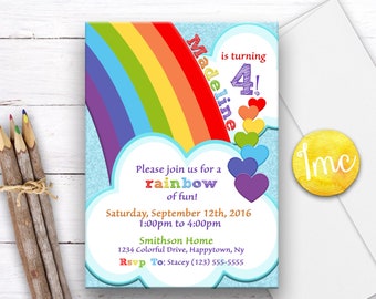 Invitación de cumpleaños de arco iris, Invitación de arco iris, Invitación de corazón, Invitación de cumpleaños para niños, Invitación para niños, Invitación colorida, Nube