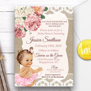 May include: A baby shower invitation with a floral design and a cute illustration of a baby girl wearing a pink tutu and holding a pearl necklace. The invitation includes the text "Lace, Pearls and soft little curls, there is nothing sweeter than little girls!" and "Please Join us for a Baby Shower honoring Jessica Smithson".