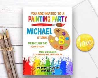 Invitación a la fiesta de pintura, Invitación de arte, Invitación de arte, Invitación de cumpleaños de pintura, Invitación de cumpleaños de manualidades, Invitación de arco iris, Invitación a fiesta de arte, Pincel