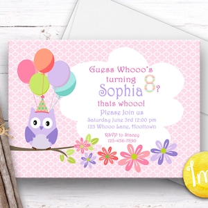 Eule Einladung, Eule Einladung, Rosa Eule Thema, Eule GeburtstagSeinladung, Blumen Einladung, Mädchen Geburtstag, Dusch einladung, Ballon Einladung