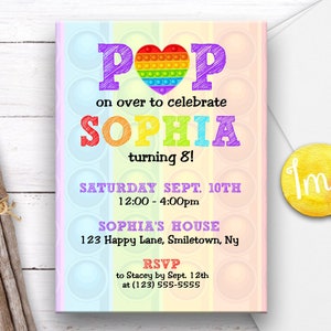 Invitation d’anniversaire Pop It Fidget, Invitation arc-en-ciel, Invitation d’anniversaire, Invitation Popper, Fête Fidget, Invitation numérique Fidget Toy