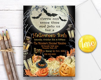 Zaproszenie na imprezę Halloween, Zaproszenie na Halloween Pumpkin, Zaproszenie na Halloween Lanterns, Zaproszenie na imprezę kostiumową, Zaproszenie do nawiedzonego domu, Nietoperze, Księżyc