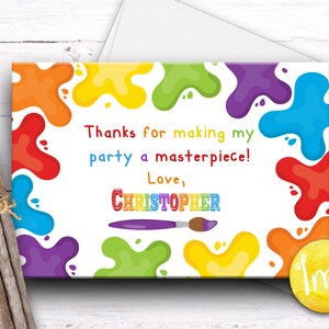 Cartão de agradecimento para festa artística, festa de pintura, festa infantil, personalizar, arquivo digital, faça você mesmo, artesanal, colorido, tema divertido, cores do arco-íris, aniversário