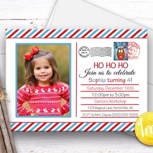 Convite de aniversário de Natal, convite de cartão postal de Natal, convite de festa de Natal, convite de aniversário de feriado, convite de Papai Noel, rena