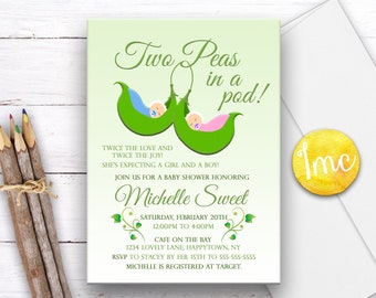 Twins Baby Shower Invitation, Shower Invite, Two Peas In A Pod, Two Peas Invite, Boy, Girl, Twins, Baby Shower Invite, Twins Shower