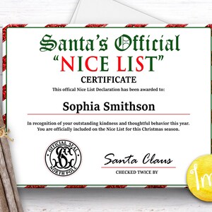 Personalisierte Santa schöne Liste, schöne Liste Zertifikat, bedruckbar, Santa s List, Santa Brief, Weihnachts-Zertifikat JPEG