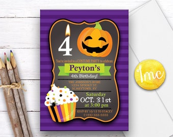 Halloween Birthday Invitation, Halloween Birthday Invite, Pumpkin Invitation, Cupcake Invitation, Birthday Invitation, Spooky Invite, Fall