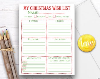 Lista de deseos de Navidad, descarga de Navidad, lista de Santa, lista de deseos de Santa, carta a Santa, JPEG, Descarga instantánea, Lista de vacaciones, Lista de Navidad