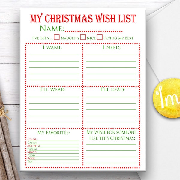 Christmas Wish List, Christmas Download, Santa List, Santa Wish List, Letter to Santa, JPEG, Instant Download, Holiday List, Christmas List
