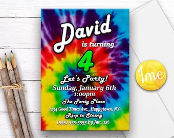 Invitación de cumpleaños tie-dye, invitación teñida de corbata, tie dye, fiesta de tie dye, invitación de los 70, invitación de los 80, invitación retro, invitación de arco iris, cumpleaños