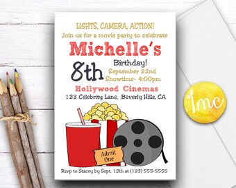 Movie Birthday Party Invitation, Movie Invite, Theater Invitation, Movie Theme Birthday Party Invite, Popcorn Invitation, Birthday Invite