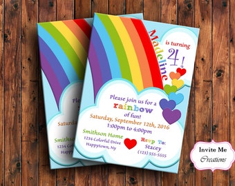 Rainbow Birthday Invitation, Rainbow Invitation, Heart Invitation, Kids Birthday Invite, Childrens Invitation, Colorful Invitation, Cloud