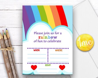 Llenar en invitación de cumpleaños arco iris, invitación arco iris, invitación del corazón, invitación de los niños, invitación colorida, descarga instantánea