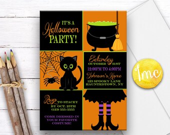 Halloween Party Invitation, Halloween Birthday Invitation, Black Cat Invite, Costume Party Invitation, Witch Invite, Spider Invitation, Kids