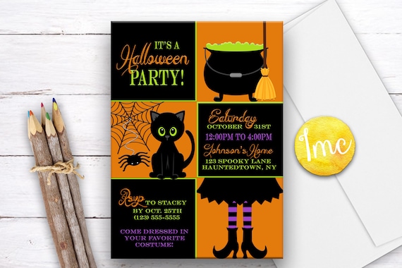 Halloween Party Invitation, Halloween Birthday Invitation, Black Cat Invite, Costume Party Invitation, Witch Invite, Spider Invitation, Kids