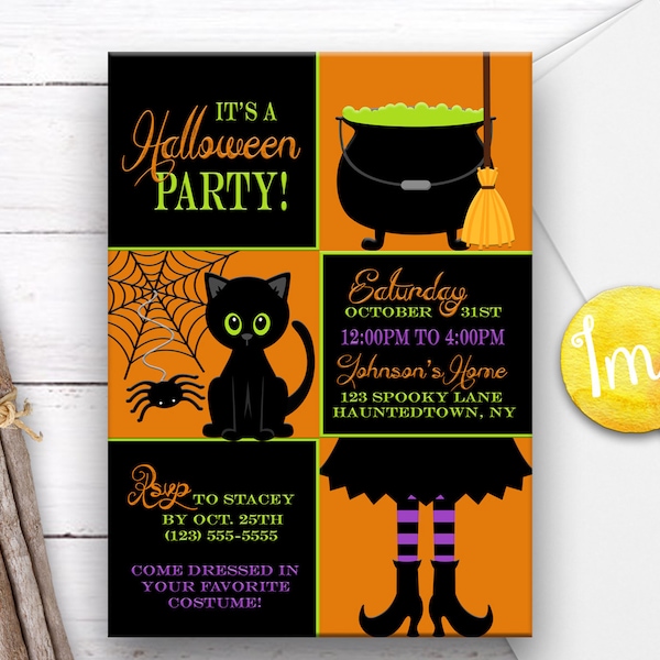Invitación a la fiesta de Halloween, Invitación de cumpleaños de Halloween, Invitación al gato negro, Invitación a la fiesta de disfraces, Invitación a la bruja, Invitación a la araña, Niños