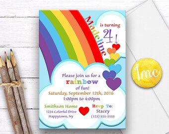 Rainbow Birthday Invitation, Rainbow Invitation, Heart Invitation, Kids Birthday Invite,  Childrens Invitation, Colorful Invitation, Cloud