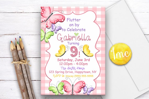 Butterfly Invitation, Butterfly Invite, Garden Invitation, Spring Invitation, Birthday Invitation, Pink Gingham, Pink, Digital Invitation