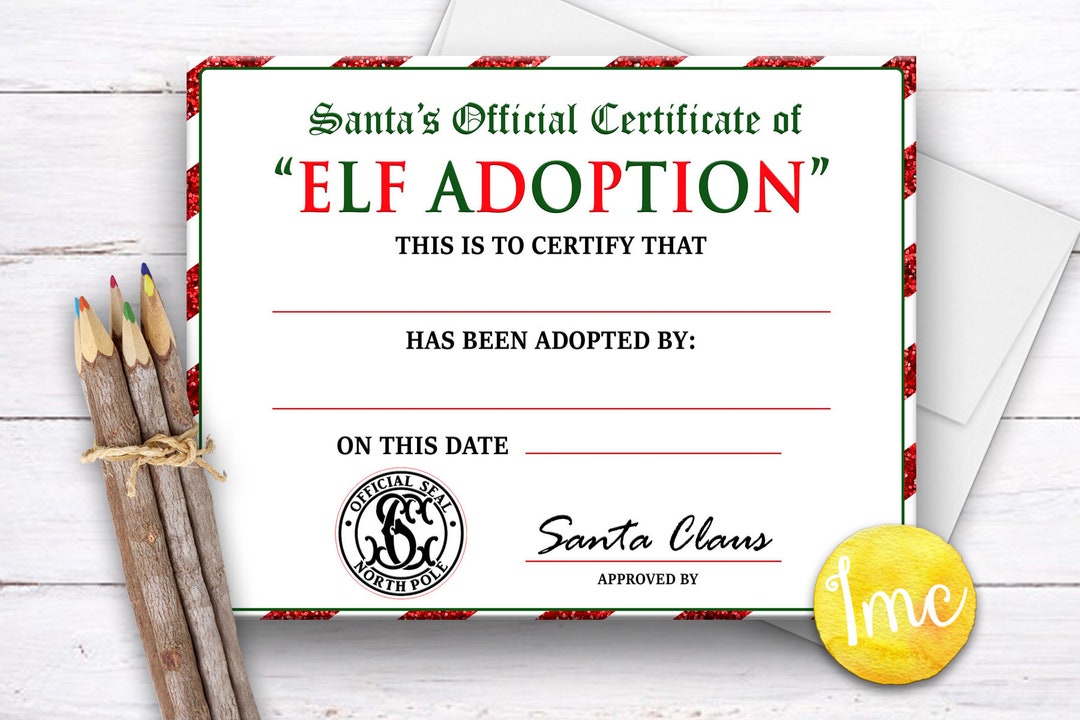 Elf Adoption Certificate, Santa Certificate, Digital Download, Printable, North Pole Certificate ...